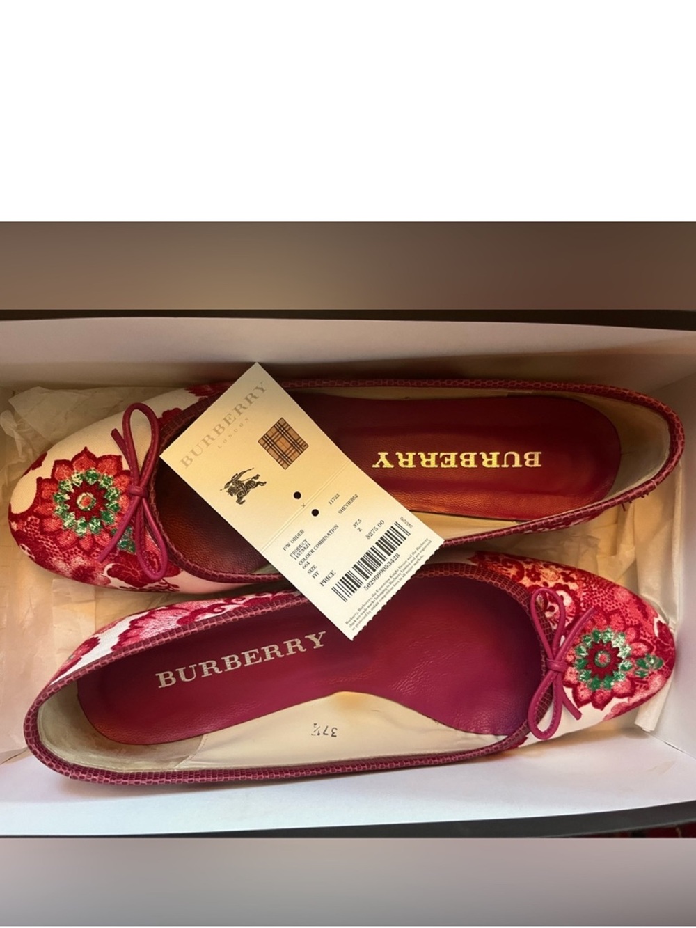 Burberry Red Floral Embroidered Ballet Flats